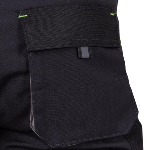 SPODNIE OCHRONNE DO PASA - KRÓTKIE FORECO KIESZENIE, UCHWYT NA MŁOTEK SZARO-CZARNO-POMARAŃCZOWE