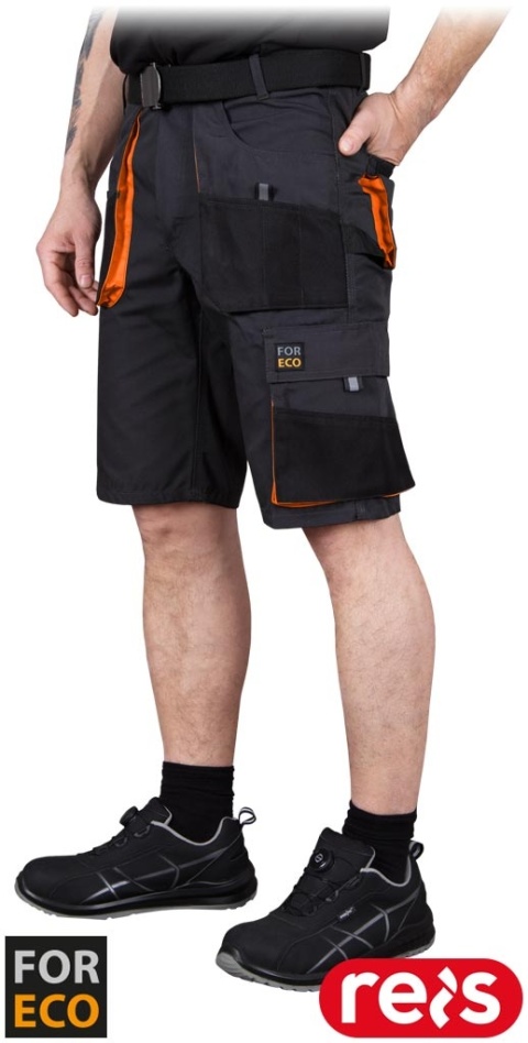 SPODNIE OCHRONNE DO PASA - KRÓTKIE FORECO KIESZENIE, UCHWYT NA MŁOTEK SZARO-CZARNO-POMARAŃCZOWE