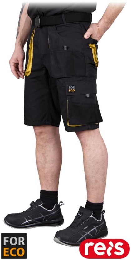 SPODNIE OCHRONNE DO PASA - KRÓTKIE FORECO KIESZENIE, UCHWYT NA MŁOTEK CZARNO-ŻÓŁTE