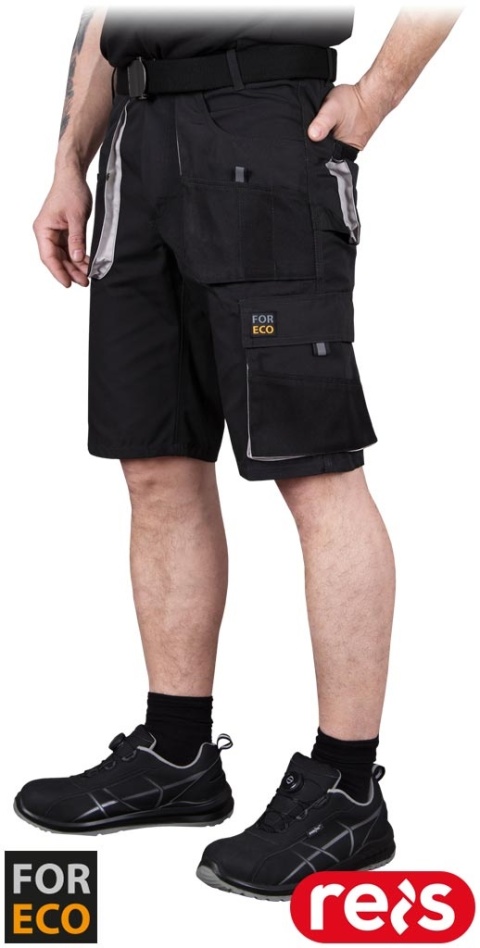 SPODNIE OCHRONNE DO PASA - KRÓTKIE FORECO KIESZENIE, UCHWYT NA MŁOTEK CZARNO-JSNOSZARE