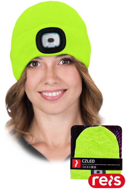 CZAPKA OCHRONNA OCIEPLANA POLAREM Z WYMIENNĄ LATARKĄ LAMPKĄ LED ŻÓŁTA