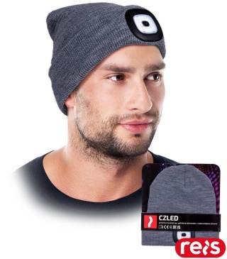 CZAPKA OCHRONNA OCIEPLANA POLAREM Z WYMIENNĄ LATARKĄ LAMPKĄ LED SZARA