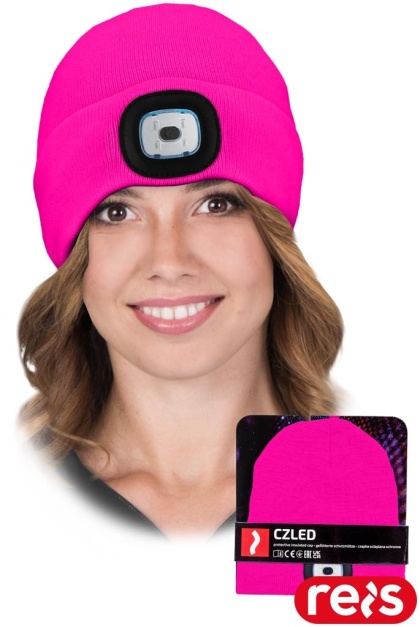 CZAPKA OCHRONNA OCIEPLANA POLAREM Z WYMIENNĄ LATARKĄ LAMPKĄ LED RÓŻOWA