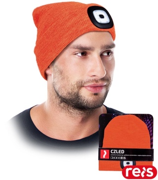 CZAPKA OCHRONNA OCIEPLANA POLAREM Z WYMIENNĄ LATARKĄ LAMPKĄ LED POMARAŃCZOWA