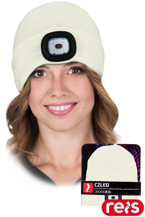 CZAPKA OCHRONNA OCIEPLANA POLAREM Z WYMIENNĄ LATARKĄ LAMPKĄ LED KREMOWA