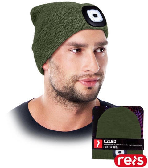 CZAPKA OCHRONNA OCIEPLANA POLAREM Z WYMIENNĄ LATARKĄ LAMPKĄ LED KHAKI