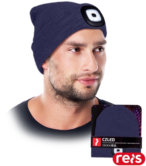 CZAPKA OCHRONNA OCIEPLANA POLAREM Z WYMIENNĄ LATARKĄ LAMPKĄ LED GRANATOWA