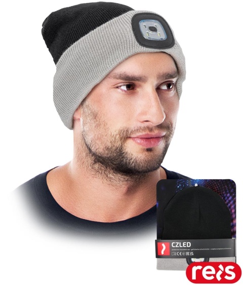 CZAPKA OCHRONNA OCIEPLANA POLAREM Z WYMIENNĄ LATARKĄ LAMPKĄ LED CZARNO-SZARA