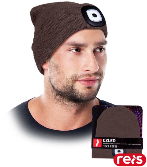 CZAPKA OCHRONNA OCIEPLANA POLAREM Z WYMIENNĄ LATARKĄ LAMPKĄ LED BRĄZOWA