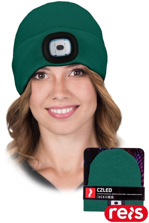CZAPKA OCHRONNA OCIEPLANA POLAREM Z WYMIENNĄ LATARKĄ LAMPKĄ LED BUTELKOWA ZIELEŃ