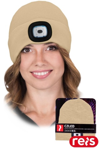 CZAPKA OCHRONNA OCIEPLANA POLAREM Z WYMIENNĄ LATARKĄ LAMPKĄ LED BEŻOWA