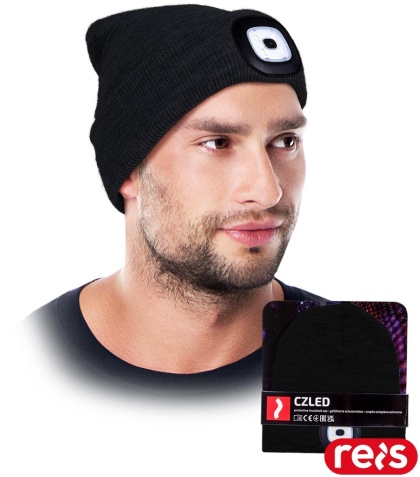 CZAPKA OCHRONNA OCIEPLANA POLAREM Z WYMIENNĄ LATARKĄ LAMPKĄ LED CZARNA