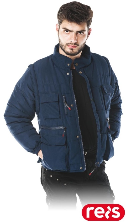 KURTKA OCHRONNA OCIEPLANA CZAPLA PRZEDŁUŻANY TYŁ ODPINANE RĘKAWY, KAMIZELKA GRANATOWA