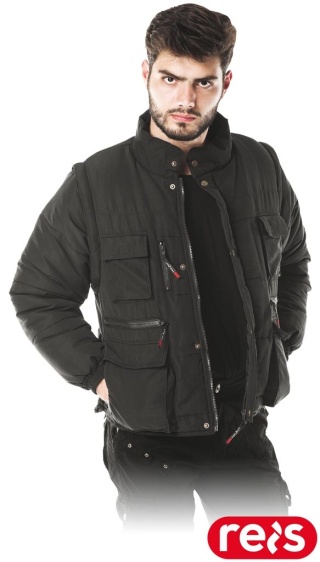 KURTKA OCHRONNA OCIEPLANA CZAPLA PRZEDŁUŻANY TYŁ ODPINANE RĘKAWY, KAMIZELKA CZARNA