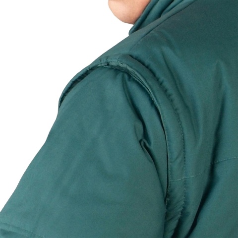 KURTKA OCHRONNA OCIEPLANA CZAPLA PRZEDŁUŻANY TYŁ ODPINANE RĘKAWY, KAMIZELKA ZIELONA