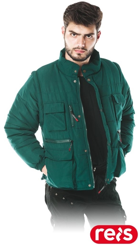 KURTKA OCHRONNA OCIEPLANA CZAPLA PRZEDŁUŻANY TYŁ ODPINANE RĘKAWY, KAMIZELKA ZIELONA