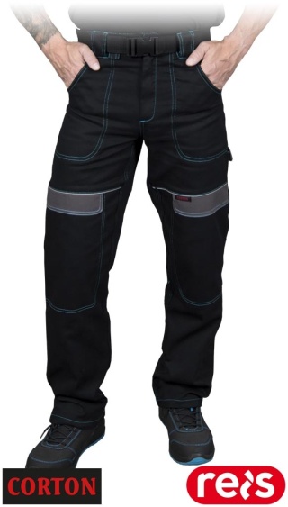 SPODNIE OCHRONNE DO PASA CORTON 100% BAWEŁNA PASEK W ZESTAWIE ODBLASKOWE ELEMENTY CZARNO-SZARE