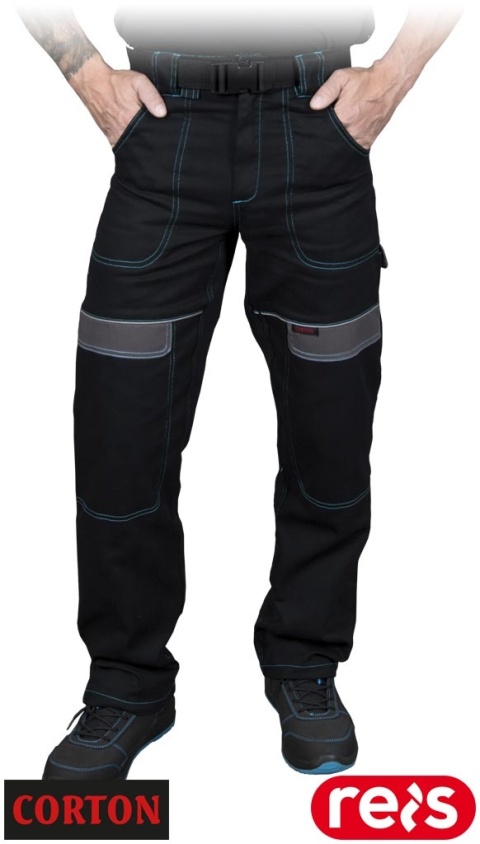 SPODNIE OCHRONNE DO PASA CORTON 100% BAWEŁNA PASEK W ZESTAWIE ODBLASKOWE ELEMENTY CZARNO-SZARE