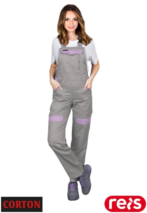 SPODNIE OCHRONNE OGRODNICZKI DAMSKIE CORTON 100% BAWEŁNA ODBLASKOWE ELEMENTY JASNOSZARO-FIOLETOWE