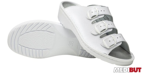 BUTY ZAWODOWE KLA3PASSP, KLAPKI, ANTYPOŚLIZGOWE, PROFIL ORTOPEDYCZNY BIAŁE, TRZY PASKI