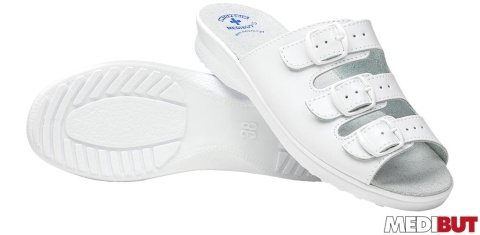 BUTY ZAWODOWE KLA3PAS, KLAPKI DAMSKIE, PROFIL ORTOPEDYCZNY, ANTYPOŚLIZGOWE, BIAŁE, TRZY PASKI