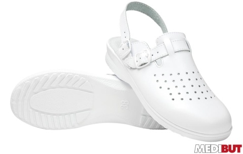 BUTY ZAWODOWE KLADZ2PASDAM, KLAPKI DAMSKIE, SKÓRA NATURALNA, PASEK NA PIĘCIE, ANTYPOŚLIZGOWE, BIAŁE