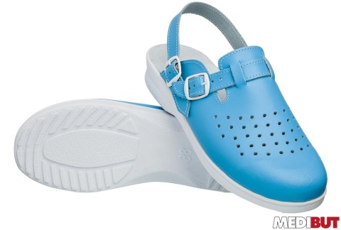 BUTY ZAWODOWE KLADZ2PASDAM, KLAPKI DAMSKIE, SKÓRA NATURALNA, PASEK NA PIĘCIE, ANTYPOŚLIZGOWE, NIEBIESKIE