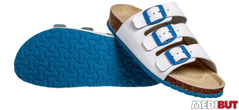 BUTY ZAWODOWE ORTOPEDYCZNE KLAPKI KLAKOR3PAS, KOREK, GUMA, WELUR, ANTYPOŚLIZGOWE, BIAŁO-NIEBIESKIE