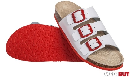 BUTY ZAWODOWE ORTOPEDYCZNE KLAPKI KLAKOR3PAS, KOREK, GUMA, WELUR, ANTYPOŚLIZGOWE BIAŁO-CZERWONE