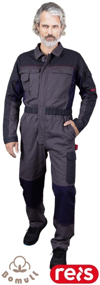 KOMBINEZON OCHRONNY BOMER BAWEŁNIANY ROBOCZY, NA ZAMEK, GUMKA W PASIE, UCHWYT NA MŁOTEK, SZARO-GRANATOWY