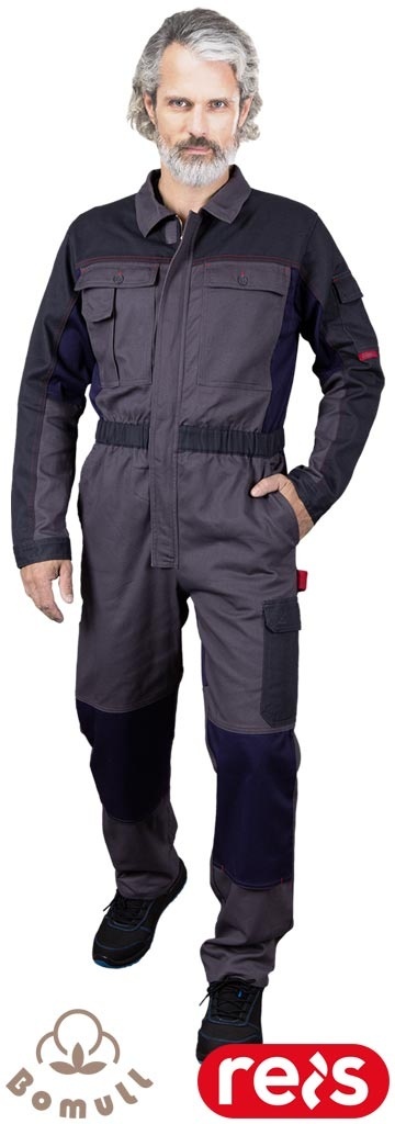 KOMBINEZON OCHRONNY BOMER BAWEŁNIANY ROBOCZY, NA ZAMEK, GUMKA W PASIE, UCHWYT NA MŁOTEK, SZARO-GRANATOWY