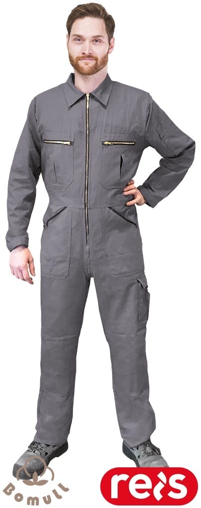 KOMBINEZON OCHRONNY ROBOCZY BAWEŁNIANY Z KOŁNIERZYKIEM, KIESZENIE, GUMKA W PASIE, BOMULL, SZARY