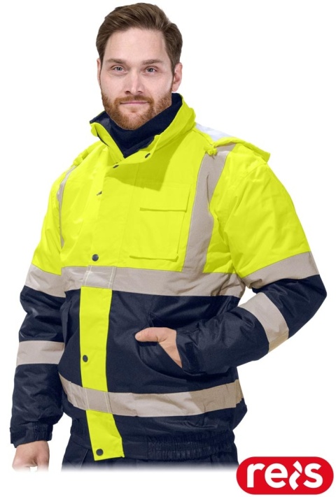 KURTKA OCHRONNA OCIEPLANA BOMBERVIS, FLUO, DLA DROGOWCÓW ŻÓŁTO-GRANATOWA