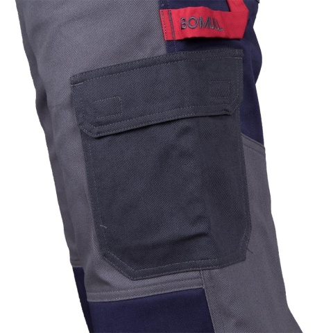 SPODNIE OCHRONNE DO PASA ROBOCZE, BAWEŁNIANE, SPANDEX, KIESZENIENI NA NAKOLANNIKI, UCHWYT NA MŁOTEK, BOMER SZARO-GRANATOWE