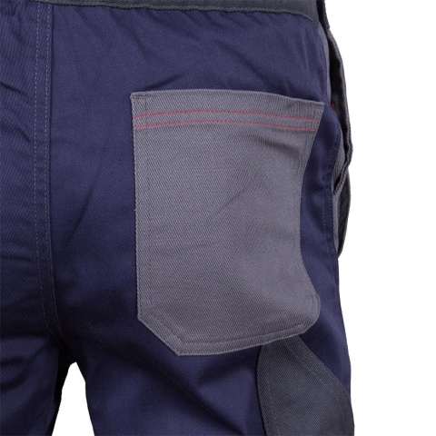 SPODNIE OCHRONNE DO PASA ROBOCZE, BAWEŁNIANE, SPANDEX, KIESZENIENI NA NAKOLANNIKI, UCHWYT NA MŁOTEK, BOMER SZARO-GRANATOWE