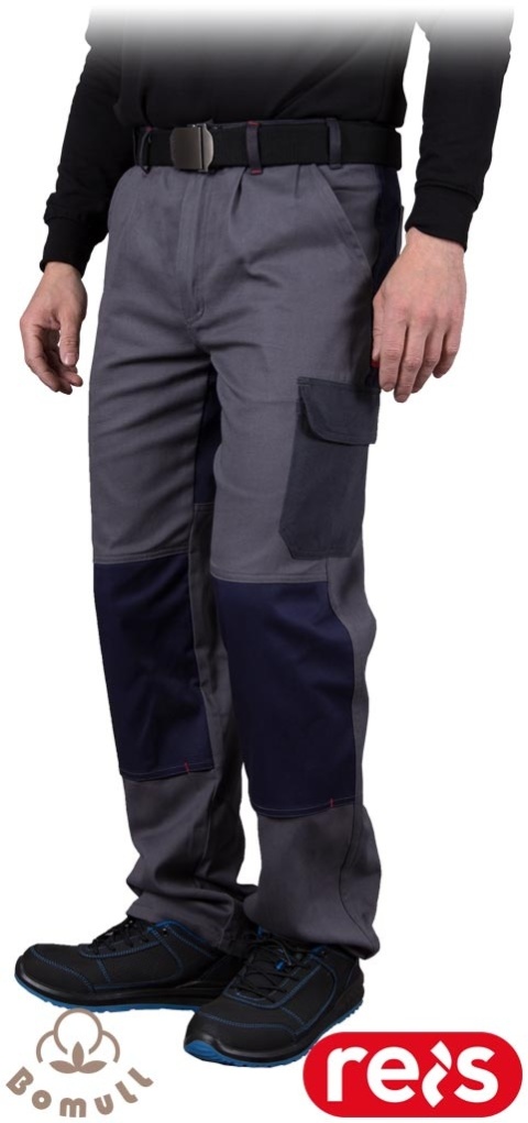 SPODNIE OCHRONNE DO PASA ROBOCZE, BAWEŁNIANE, SPANDEX, KIESZENIENI NA NAKOLANNIKI, UCHWYT NA MŁOTEK, BOMER SZARO-GRANATOWE