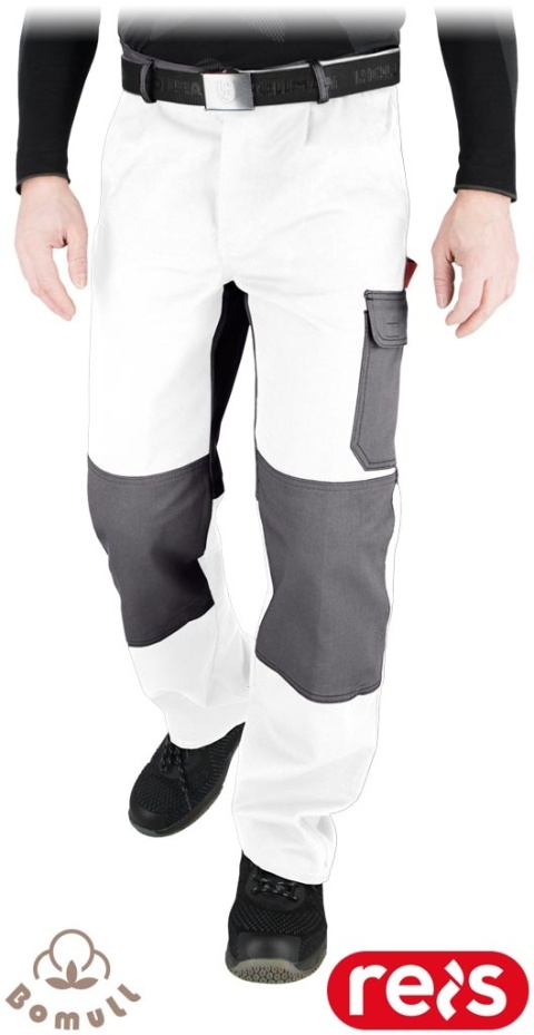 SPODNIE OCHRONNE DO PASA BAWEŁNIANE ROBOCZE, REGULACJA W PASIE, KIESZENIE NA NAKOLANNIKI, BOMULL, BIAŁO-SZARE