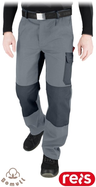 SPODNIE OCHRONNE DO PASA BAWEŁNIANE ROBOCZE, REGULACJA W PASIE, KIESZENIE NA NAKOLANNIKI, BOMULL, CIEMNOSZARO-SZARE
