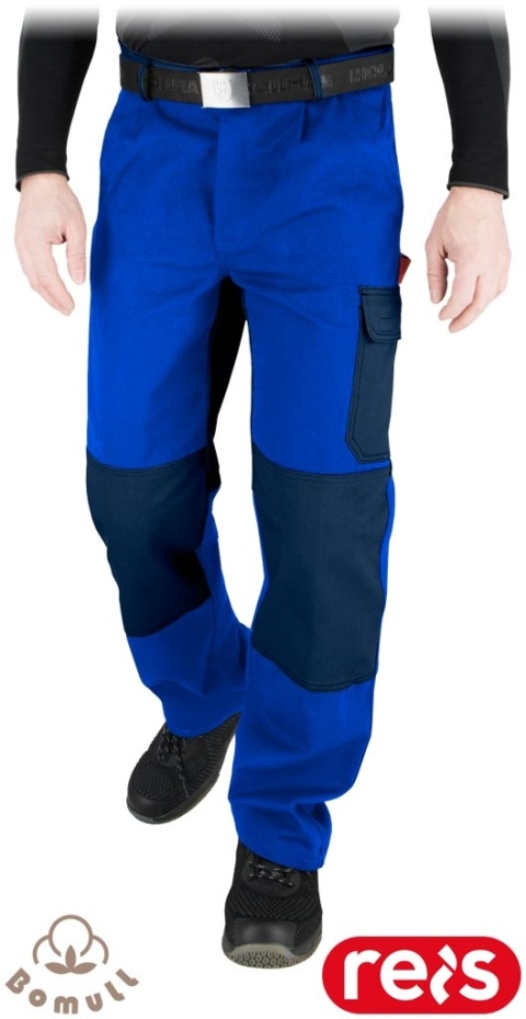 SPODNIE OCHRONNE DO PASA BAWEŁNIANE ROBOCZE, REGULACJA W PASIE, KIESZENIE NA NAKOLANNIKI, BOMULL, NIEBIESKO-GRANATOWE