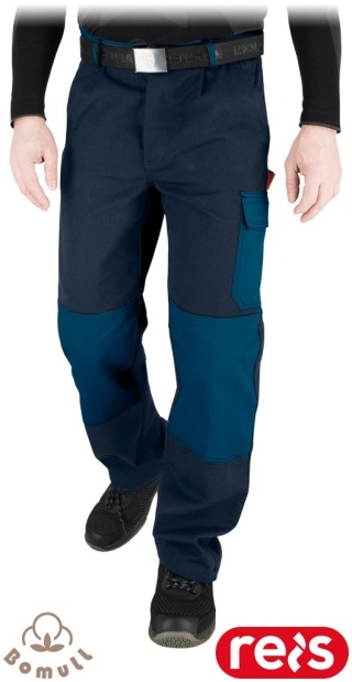 SPODNIE OCHRONNE DO PASA BAWEŁNIANE ROBOCZE, REGULACJA W PASIE, KIESZENIE NA NAKOLANNIKI, BOMULL, CIEMNOSZARO-NIEBIESKIE