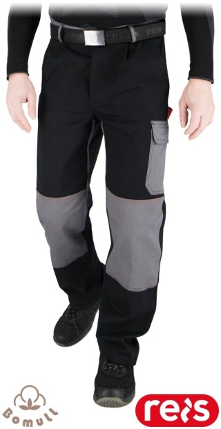 SPODNIE OCHRONNE DO PASA BAWEŁNIANE ROBOCZE, REGULACJA W PASIE, KIESZENIE NA NAKOLANNIKI, BOMULL, CZARNO-SZARE
