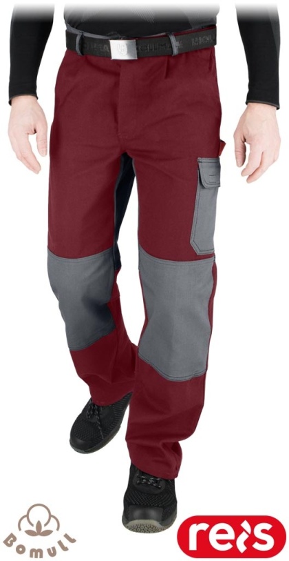 SPODNIE OCHRONNE DO PASA BAWEŁNIANE ROBOCZE, REGULACJA W PASIE, KIESZENIE NA NAKOLANNIKI, BOMULL, BORDOWO-SZARE
