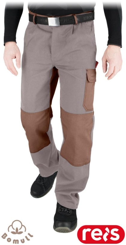 SPODNIE OCHRONNE DO PASA BAWEŁNIANE ROBOCZE, REGULACJA W PASIE, KIESZENIE NA NAKOLANNIKI, BOMULL, BEŻOWO-BRĄZOWE