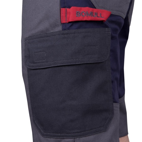 SPODNIE OCHRONNE DO PASA - KRÓTKIE ROBOCZE BAWEŁNIANE, KIESZENIE NA NAKOLANNIKI, BOMER, GUMKA W PASIE, SZARO-GRANATOWE