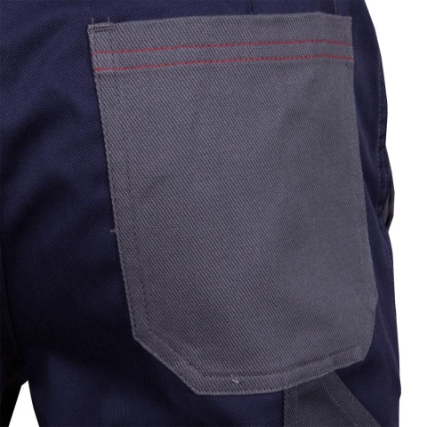 SPODNIE OCHRONNE DO PASA - KRÓTKIE ROBOCZE BAWEŁNIANE, KIESZENIE NA NAKOLANNIKI, BOMER, GUMKA W PASIE, SZARO-GRANATOWE