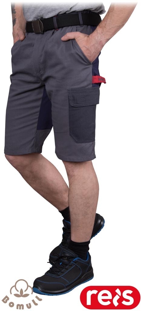 SPODNIE OCHRONNE DO PASA - KRÓTKIE ROBOCZE BAWEŁNIANE, KIESZENIE NA NAKOLANNIKI, BOMER, GUMKA W PASIE, SZARO-GRANATOWE