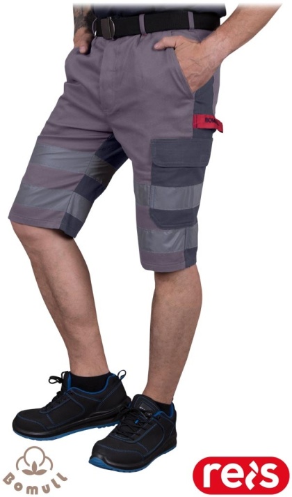 SPODNIE OCHRONNE DO PASA BAWEŁNIANE - KRÓTKIE SPODNIE ROBOCZE Z ODBLASKAMI BOMULLX SZARO-CIEMNOSZARE