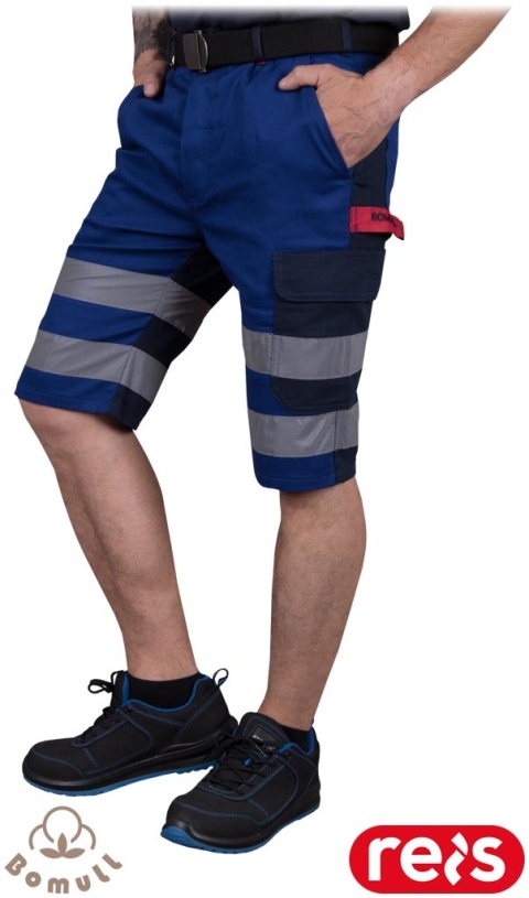 SPODNIE OCHRONNE DO PASA BAWEŁNIANE- KRÓTKIE SPODNIE ROBOCZE Z ODBLASKAMI BOMULLX NIEBIESKO-GRANATOWE