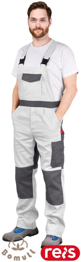 SPODNIE OCHRONNE OGRODNICZKI ROBOCZE BAWEŁNIANE, REGULACJA W PASIE, KIESZENIE NA NAKOLANNIKI, BOMULLX, BIAŁO-SZARE