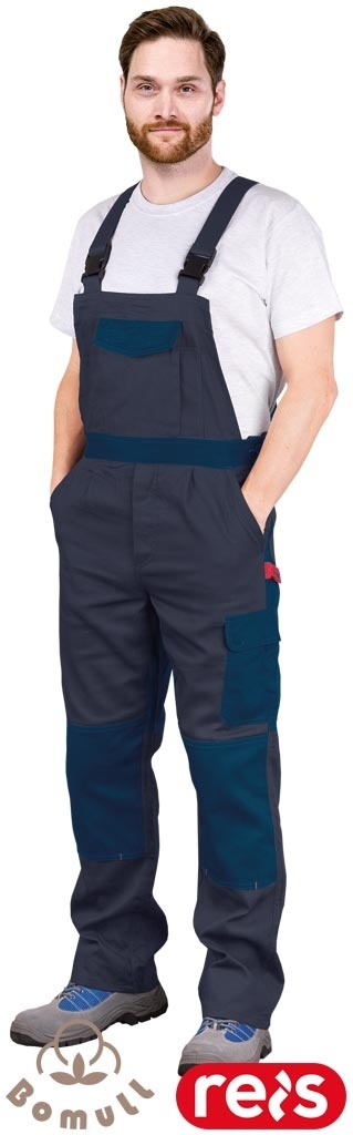 SPODNIE OCHRONNE OGRODNICZKI ROBOCZE BAWEŁNIANE, REGULACJA W PASIE, KIESZENIE NA NAKOLANNIKI, BOMULLX, CIEMNOSZARO-NIEBIESKIE